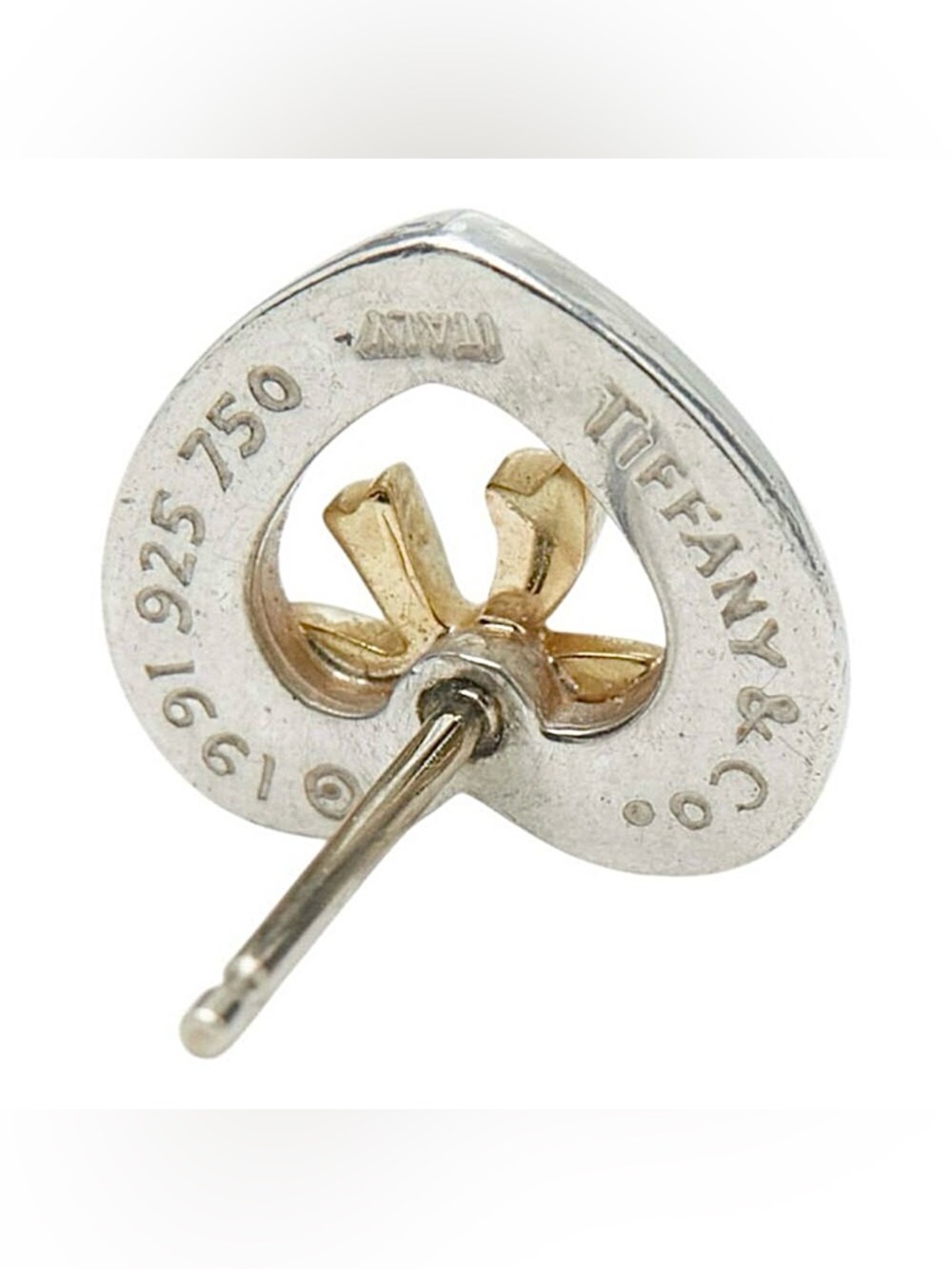 Tiffany & Co. Engraved 925 Silver Heart & 18K Gold Bow Stud Earrings Set w.Box - Picture 9 of 13